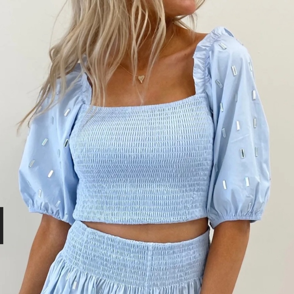 Queen of Sparkles. Light Blue Rhinestone Smocked Top.